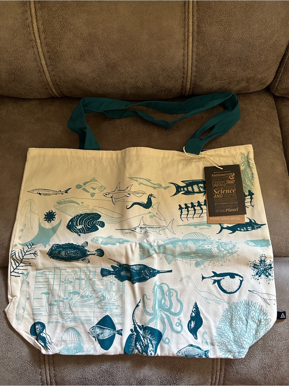 Ocean Life Printed Canvas Tote in Teal and Cream